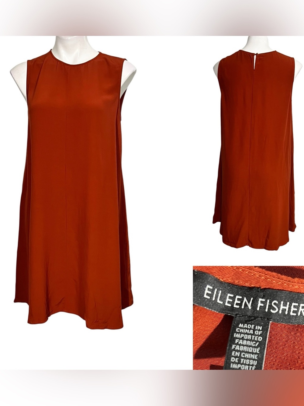 Eileen Fisher Dress Sm Sleeveless A-Line Rust Orange knee length office fall